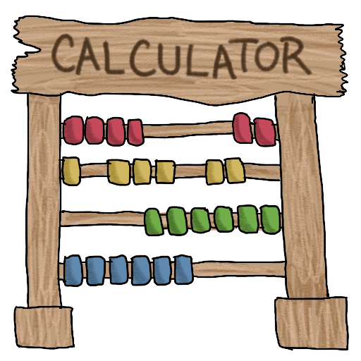 "Calculator," written across the top board of an abacus with six beads per pole, with red, yellow, green, and blue counters.