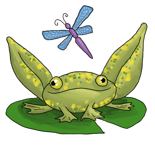 A slimy green frog sitting on a lily pad, with a purple and blue dragon fly over its head.  If you press the frog, a counter will present with the number of times the frog has been poked.
