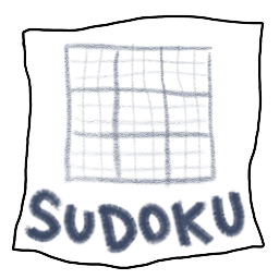 "Sudoku," written in blue pen across a white sheet of paper, with a drawing of a blank sudoku board